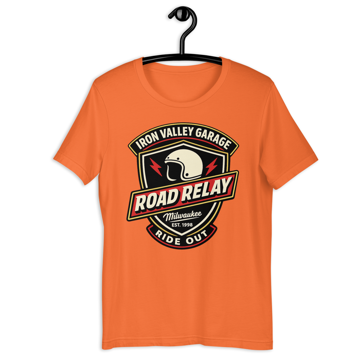 Iron Valley Garage Road Relay Vintage Motorcycle Graphic Tee orange t-shirt mockup