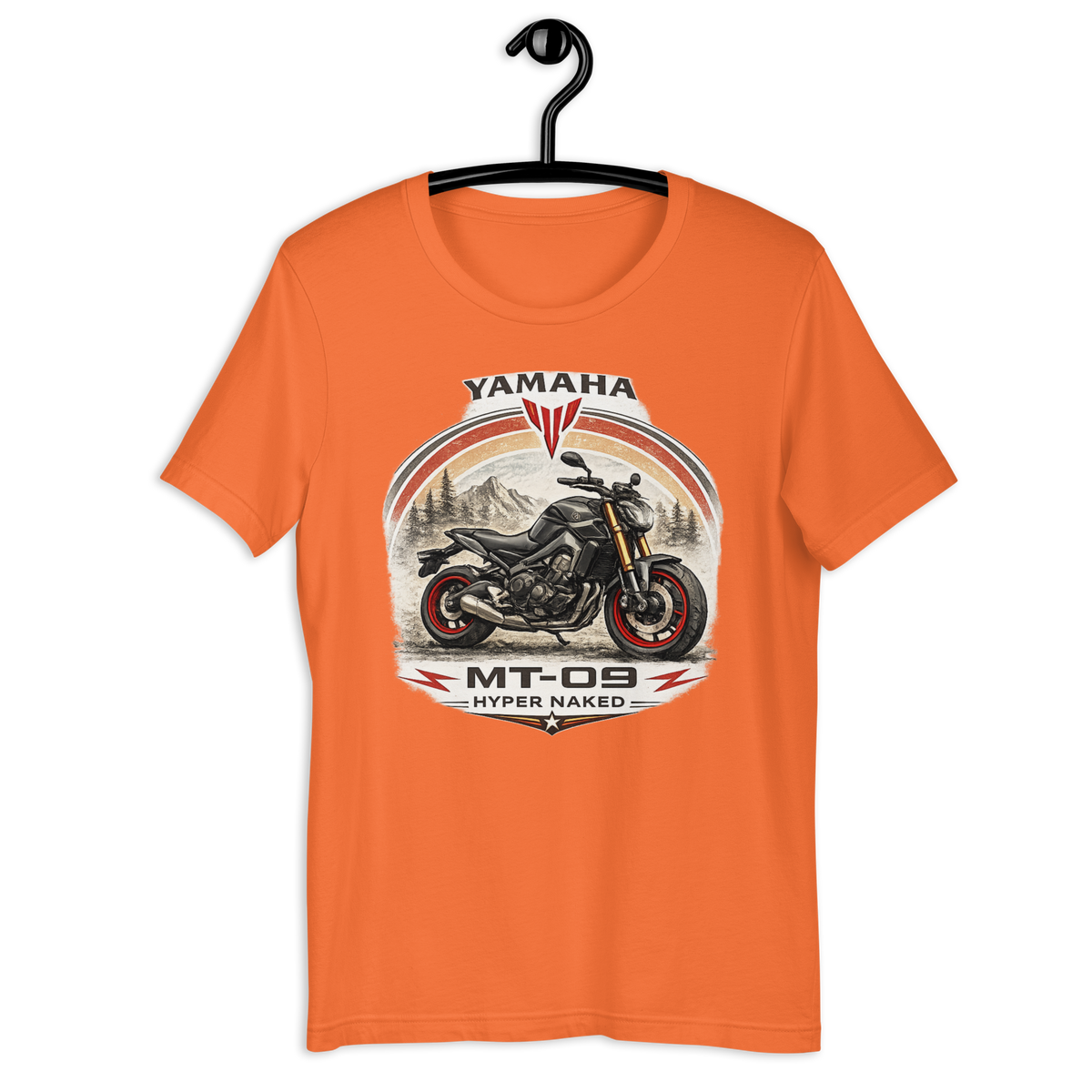 Yamaha MT-09 Hyper Naked Retro Motorcycle Graphic Tee orange t-shirt mockup