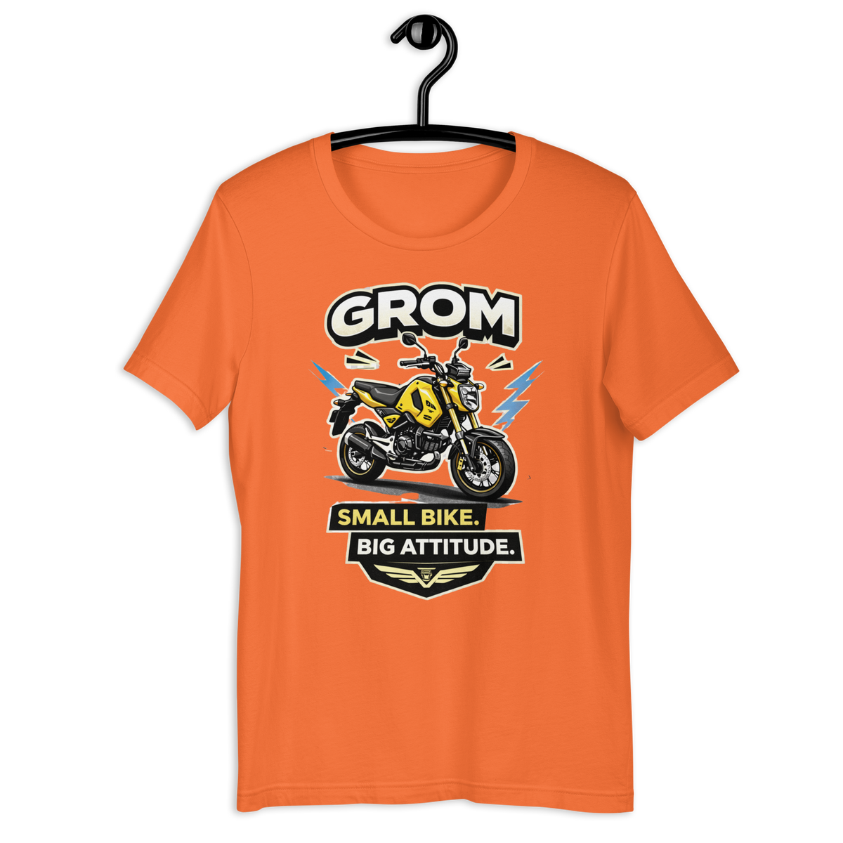 Grom Small Bike Big Attitude Funny Motorcycle Graphic Tee orange t-shirt mockup