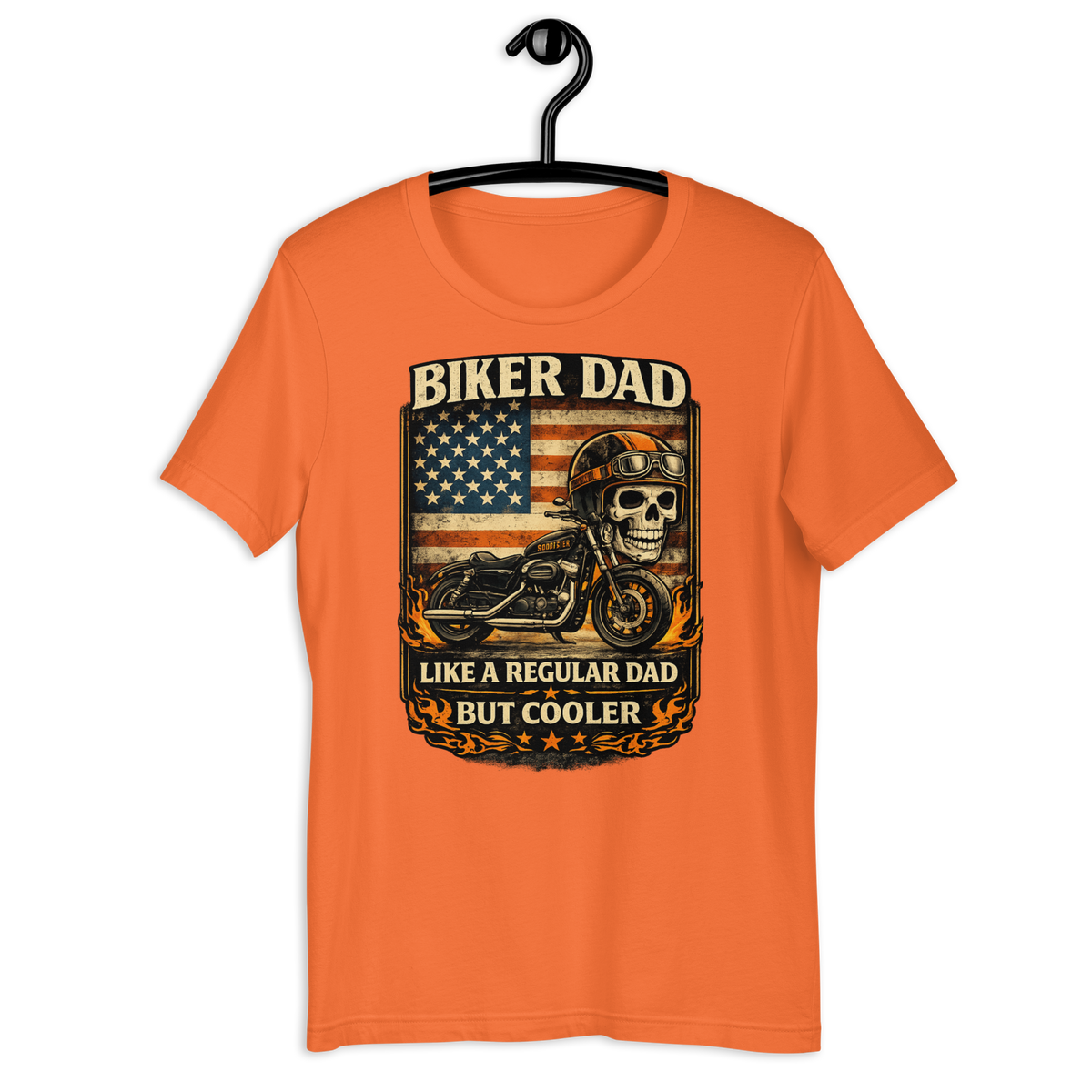 Biker Dad Like A Regular Dad But Cooler Funny Motorcycle Graphic Tee orange t-shirt mockup