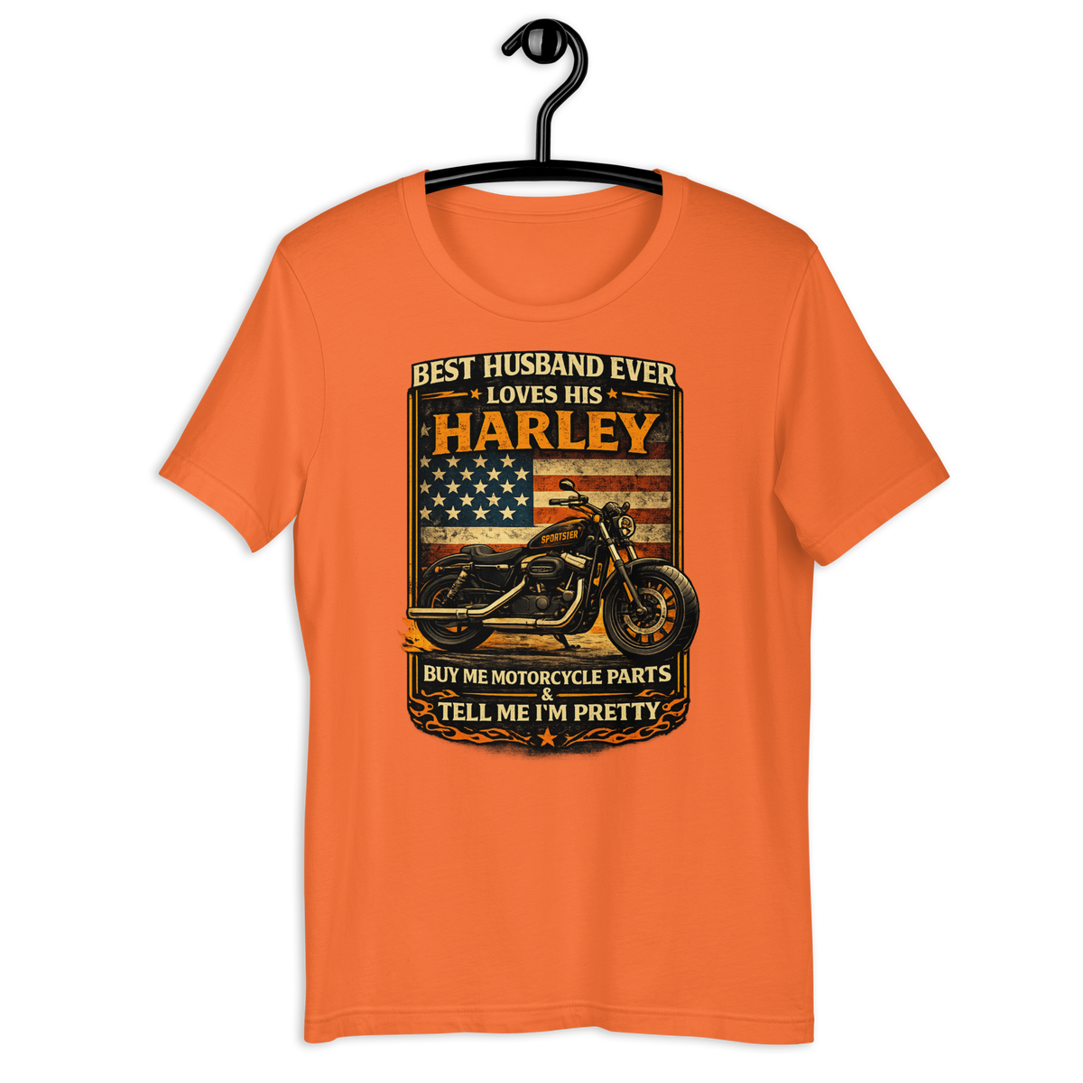 Best Husband Ever Loves His Motorcycle Funny Motorcycle Graphic Tee orange t-shirt mockup