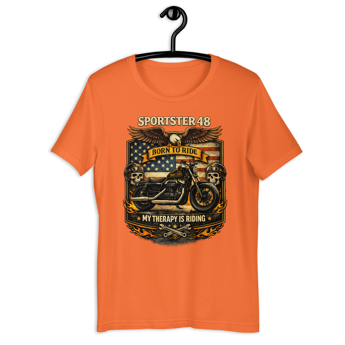Sportster 48 Born To Ride My Therapy Is Riding Motorcycle Graphic Tee orange t-shirt mockup