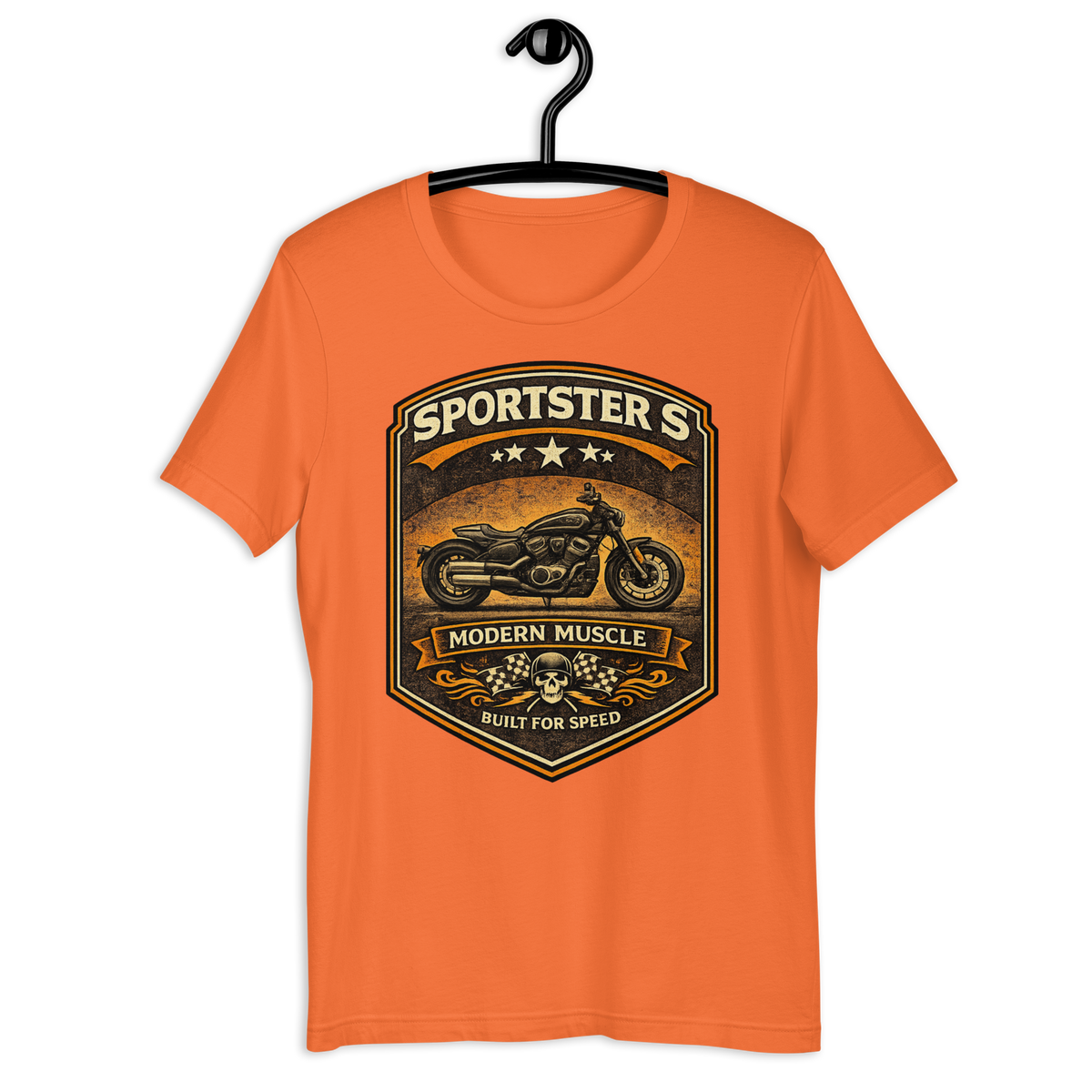 Sportster S Modern Muscle Built For Speed Vintage Motorcycle Graphic Tee orange t-shirt mockup