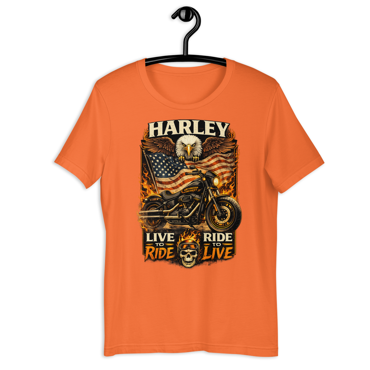 Harley Live Ride Ride Live American Flag Motorcycle Graphic Tee kelly green t-shirt mockup