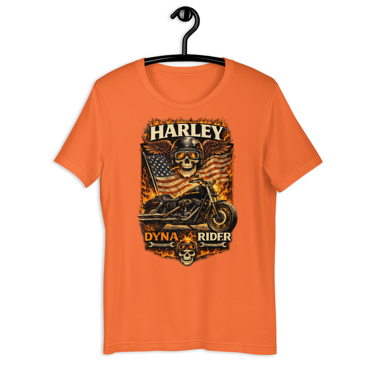 Dyna Rider American Flag Motorcycle Graphic Tee orange t-shirt mockup