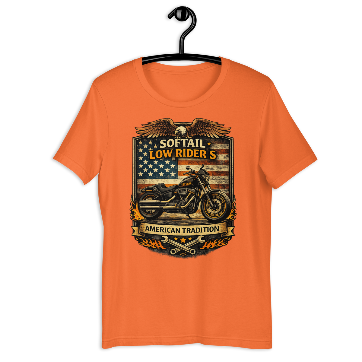 Softail Low Rider S American Tradition Patriotic Motorcycle Graphic Tee orange t-shirt mockup