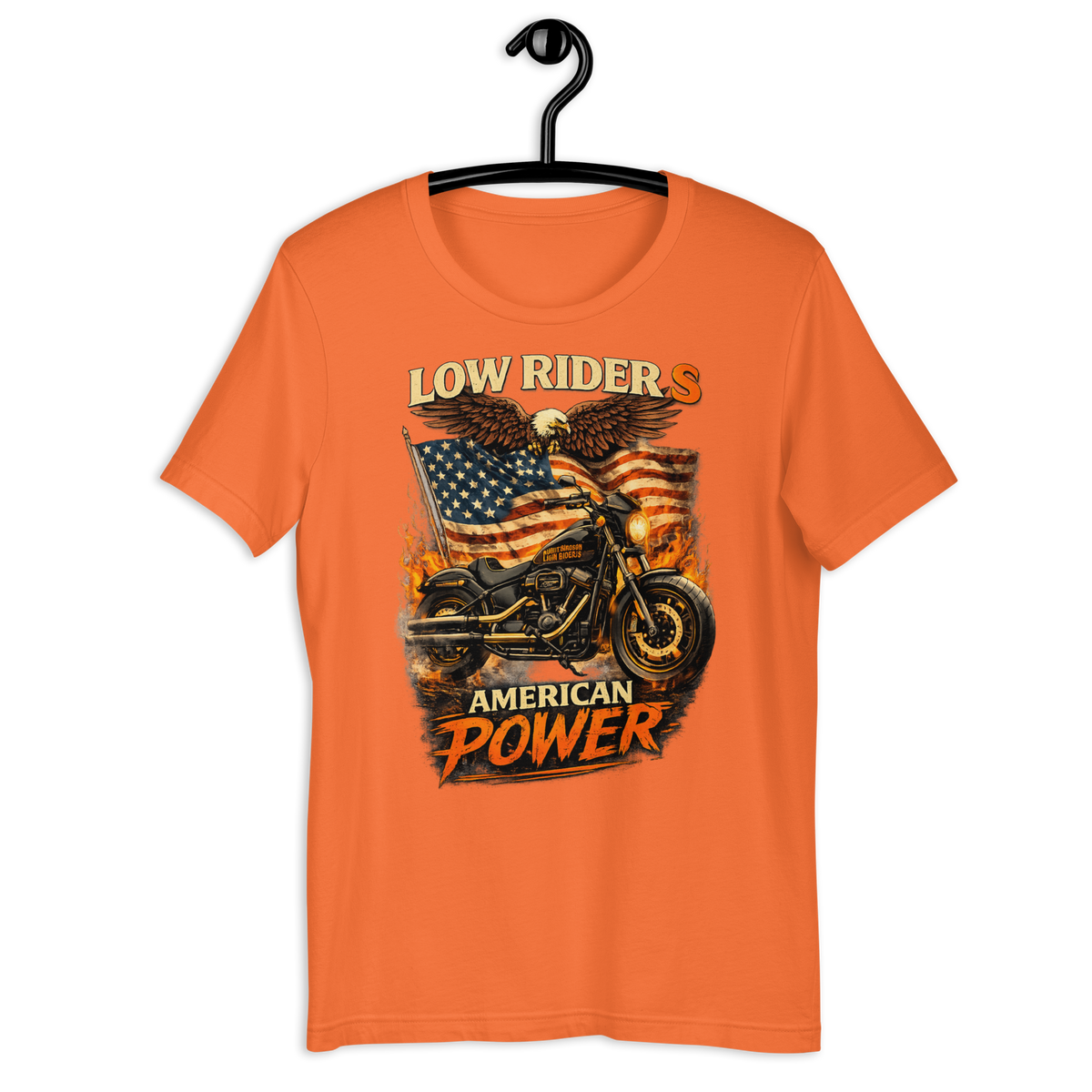 Low Rider S American Power Patriotic Motorcycle Graphic Tee orange t-shirt mockup