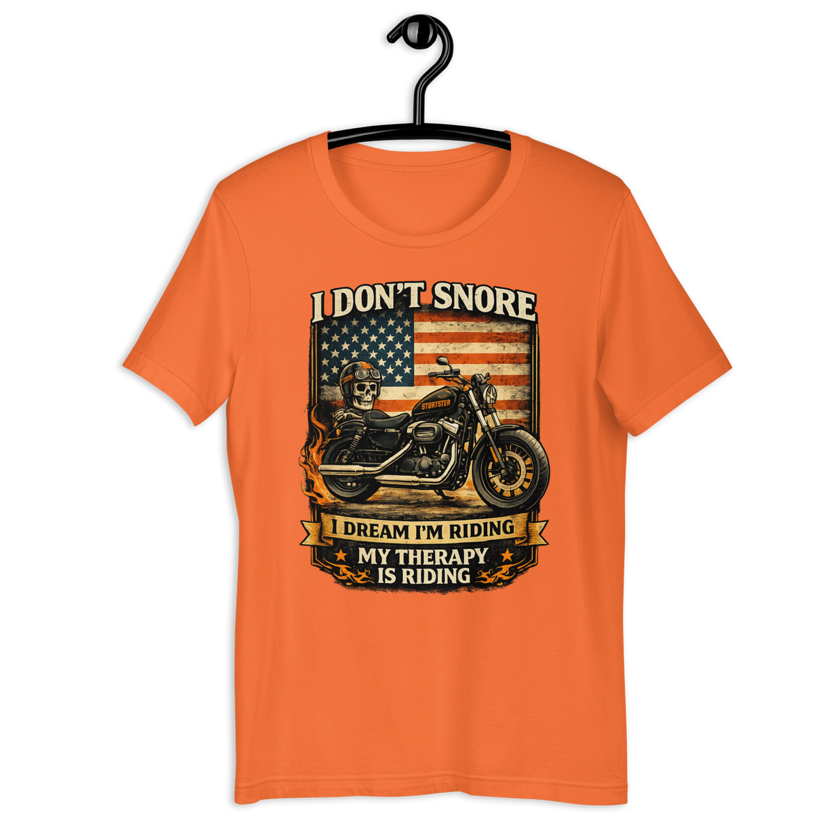 I Don't Snore I Dream I'm Riding Funny Motorcycle Graphic Tee orange t-shirt mockup