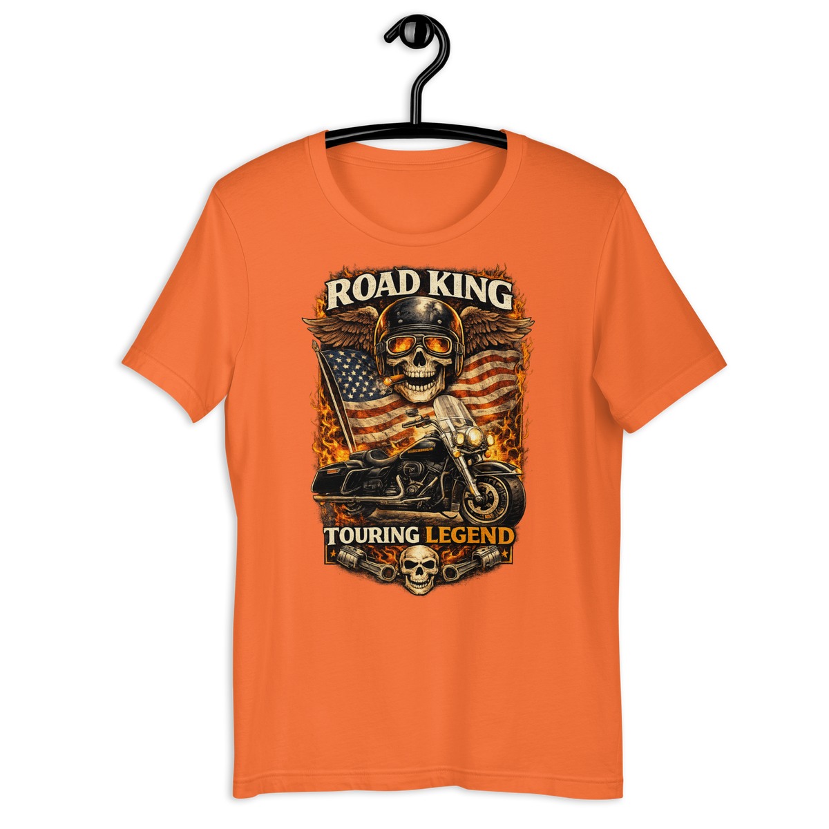 Road King Touring Legend American Flag Motorcycle Graphic Tee orange t-shirt mockup