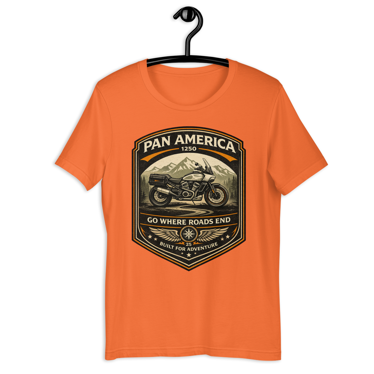 Pan America Go Where Roads End Adventure Motorcycle Graphic Tee orange t-shirt mockup