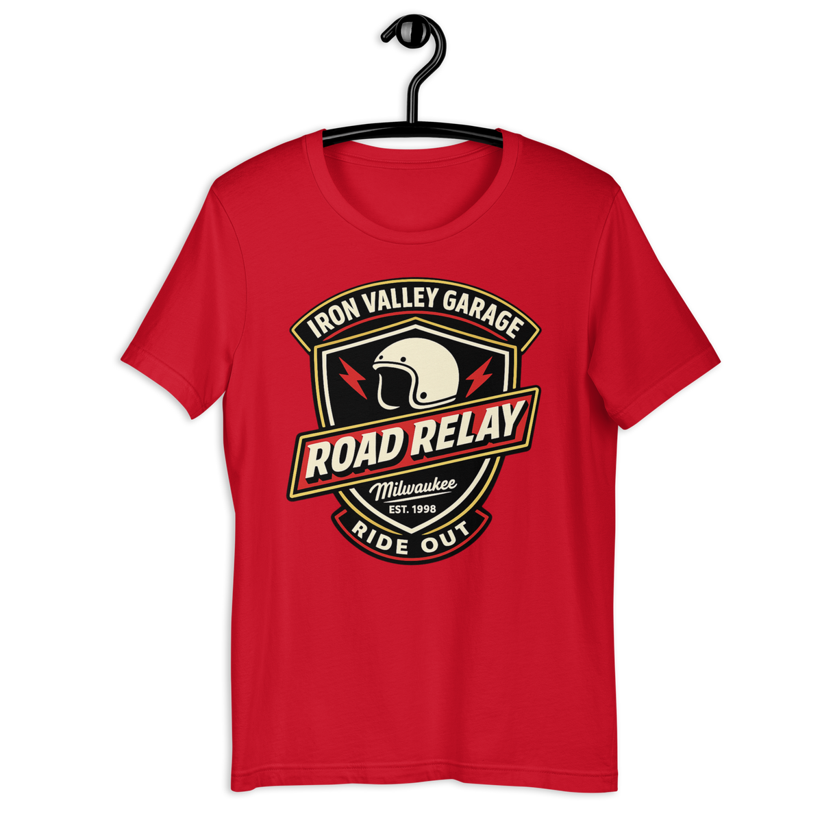 Iron Valley Garage Road Relay Vintage Motorcycle Graphic Tee red t-shirt mockup