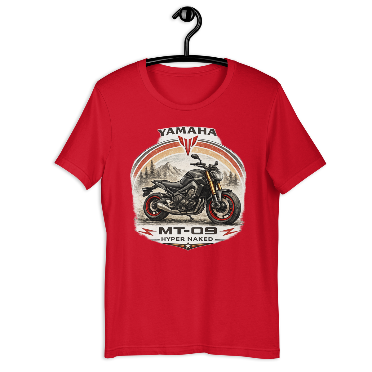 Yamaha MT-09 Hyper Naked Retro Motorcycle Graphic Tee red t-shirt mockup