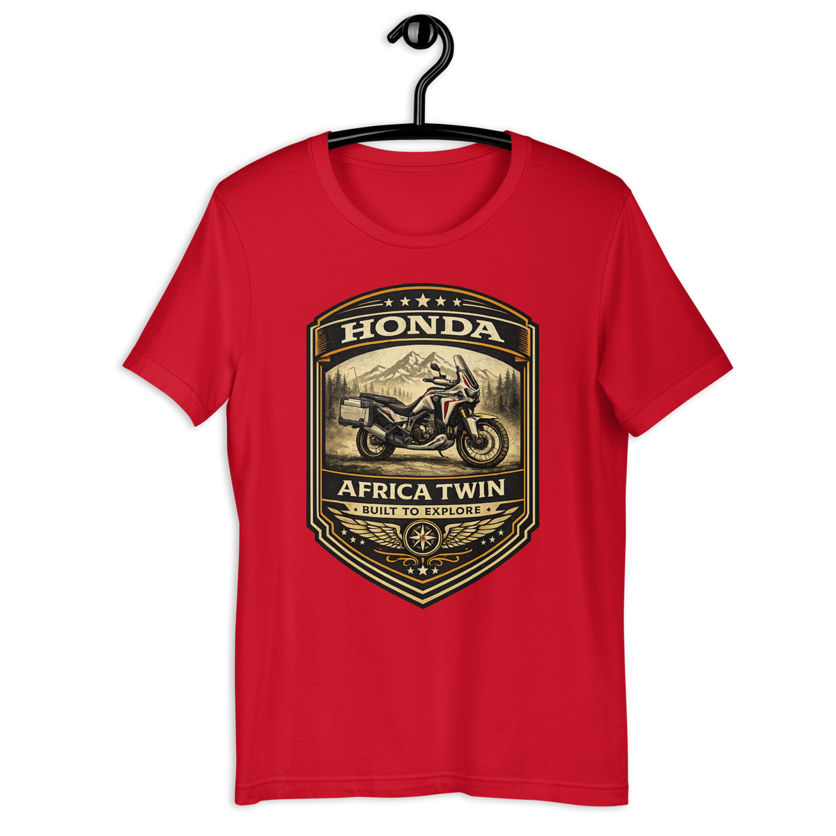 Honda Africa Twin Built For Discovery Vintage Motorcycle Graphic Tee red t-shirt mockup