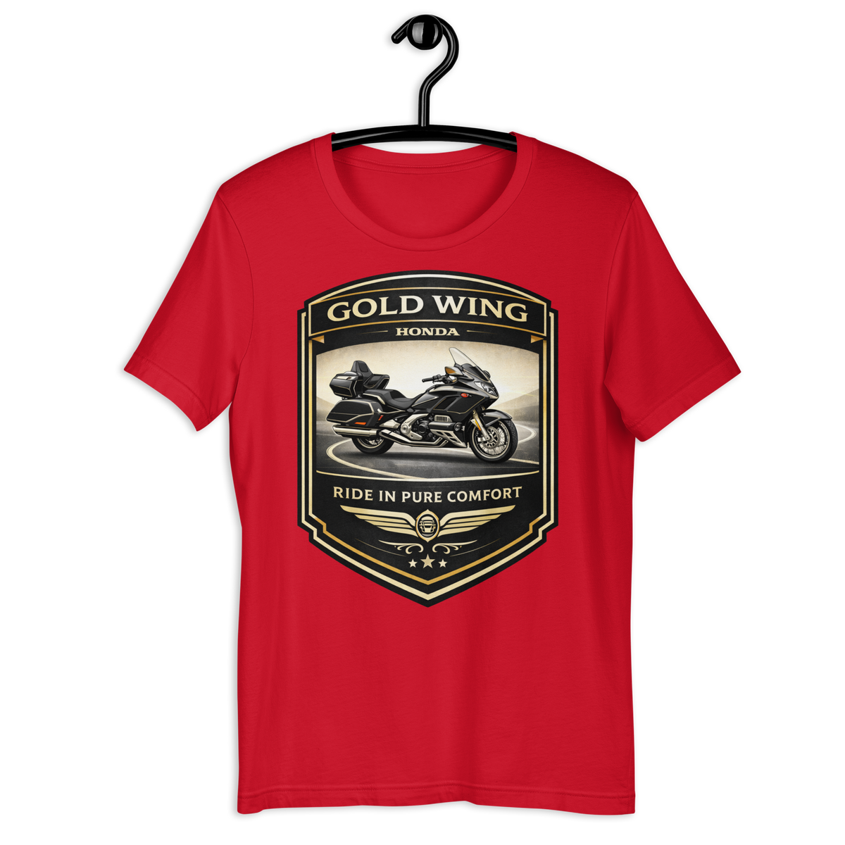 Gold Wing Ride In Pure Comfort Touring Motorcycle Graphic Tee black unisex tee mockup