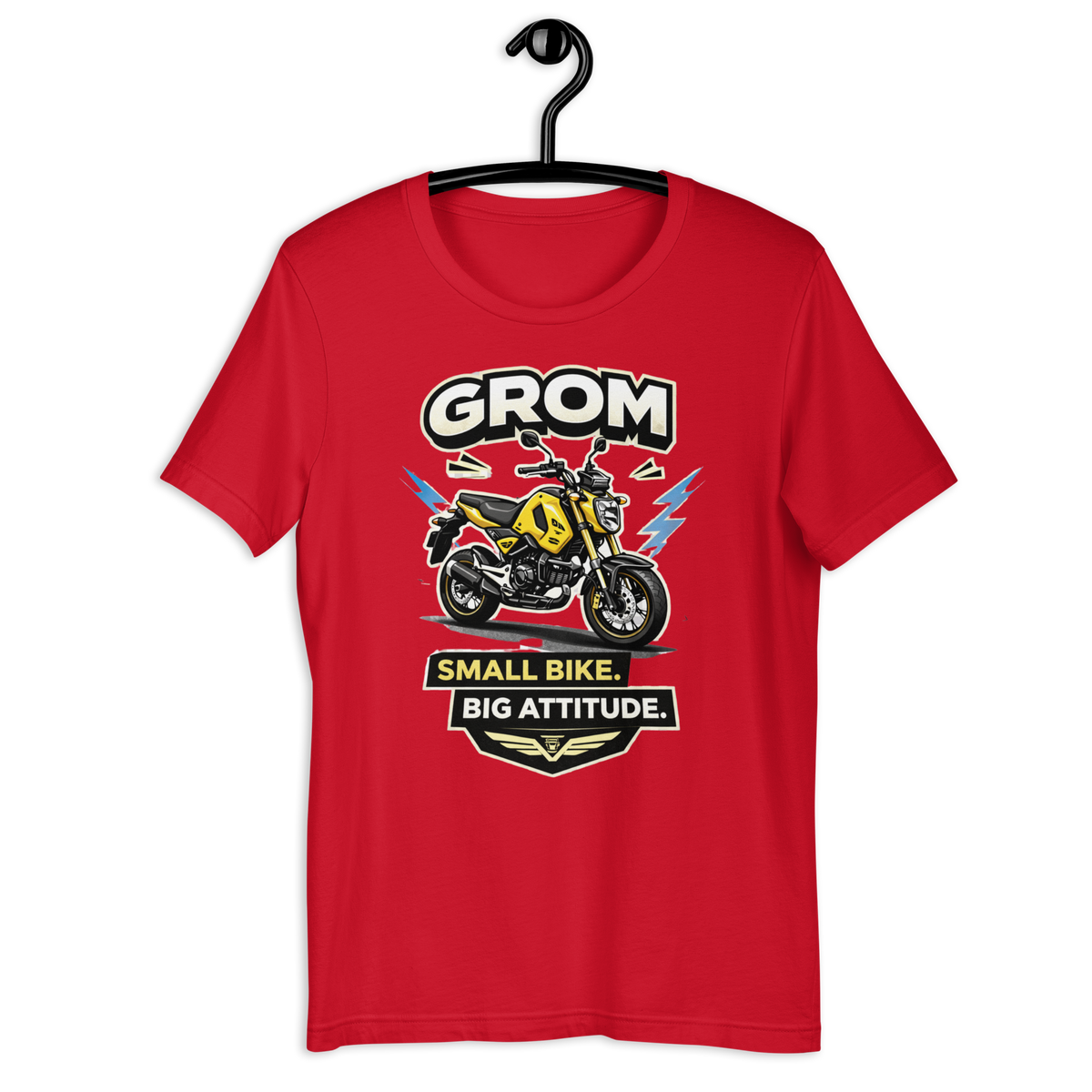 Grom Small Bike Big Attitude Funny Motorcycle Graphic Tee red t-shirt mockup