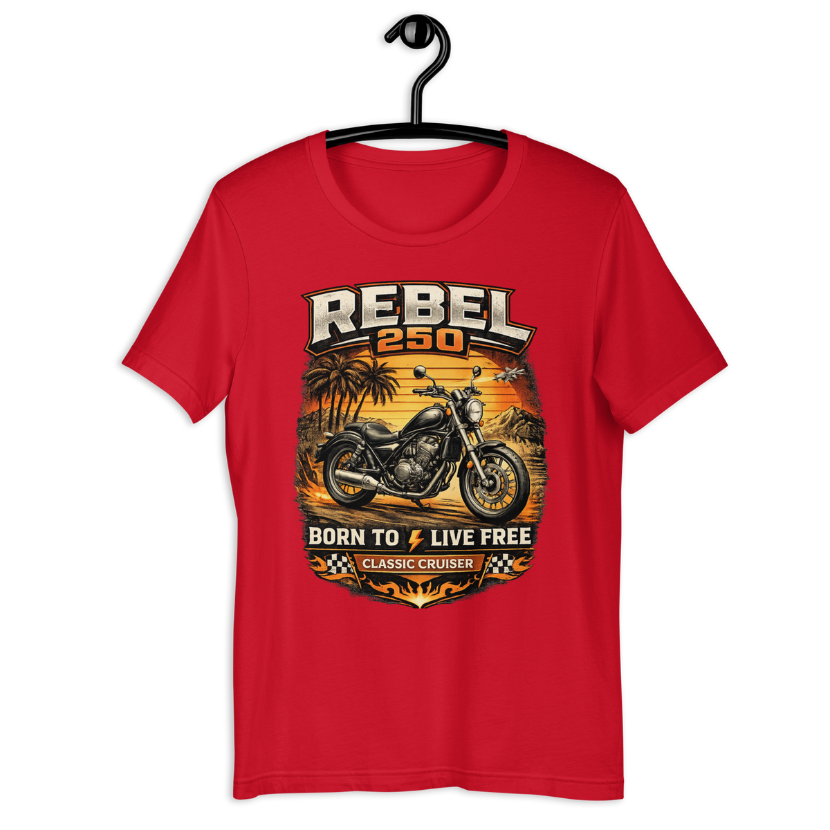 Rebel 250 Ride Fast Live Free Vintage Motorcycle Graphic Tee black unisex tee mockup