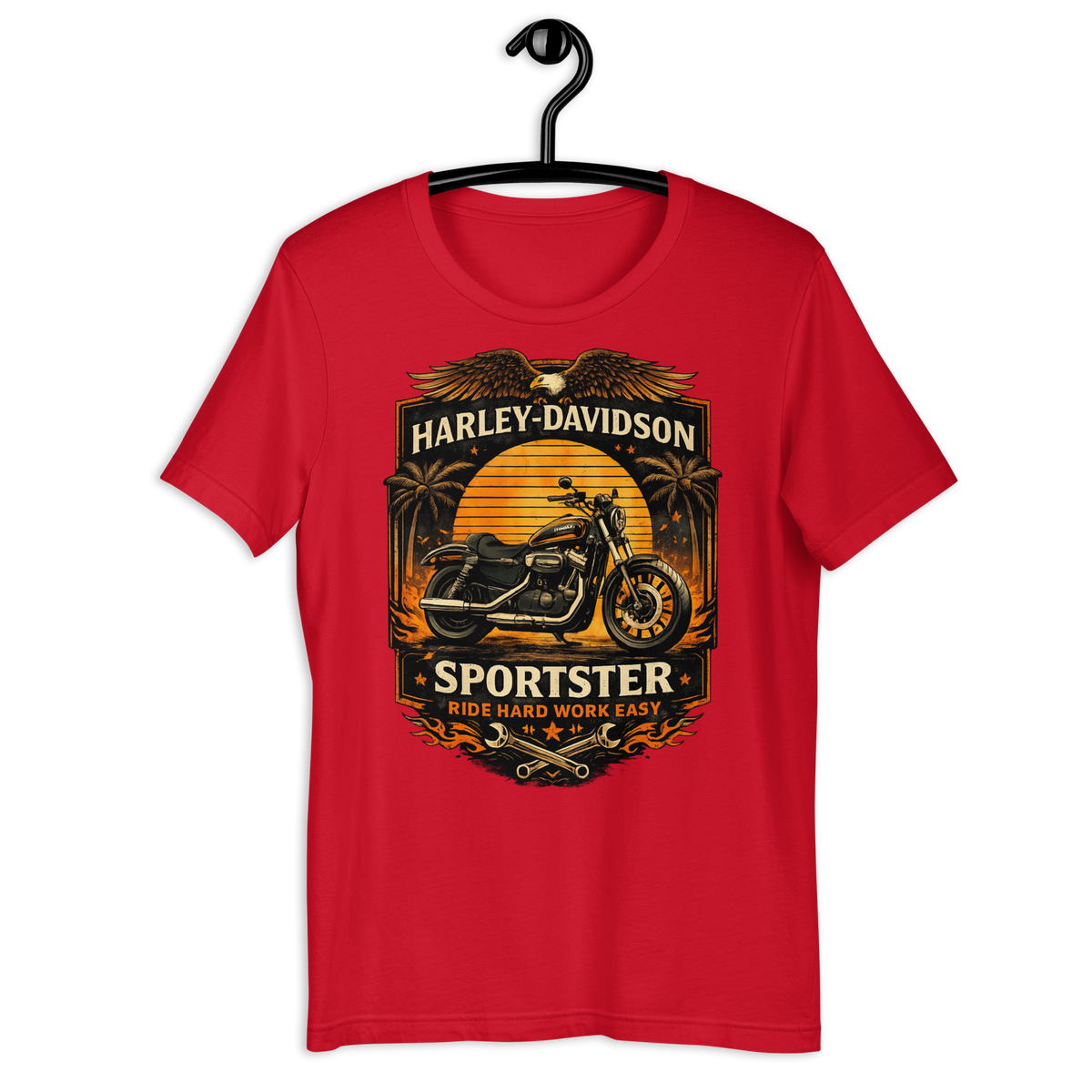 Sportster Ride Hard Work Easy Vintage Motorcycle Graphic Tee red t-shirt mockup