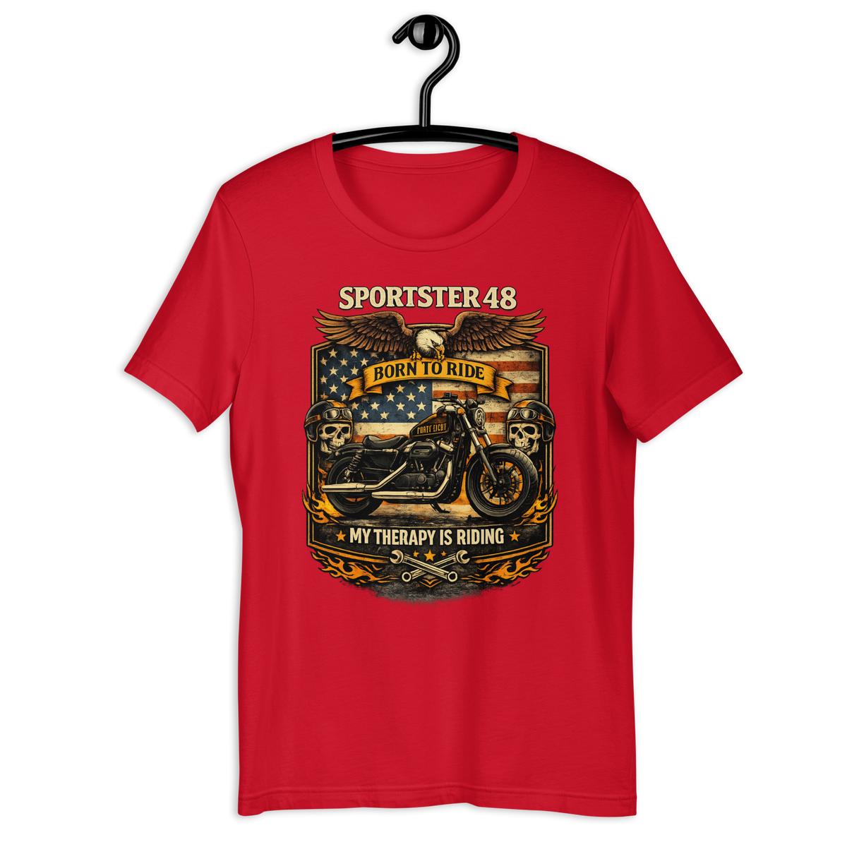 Sportster 48 Born To Ride My Therapy Is Riding Motorcycle Graphic Tee red t-shirt mockup