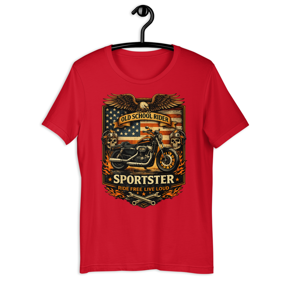 Old School Rider American Flag Motorcycle Graphic Tee red t-shirt mockup