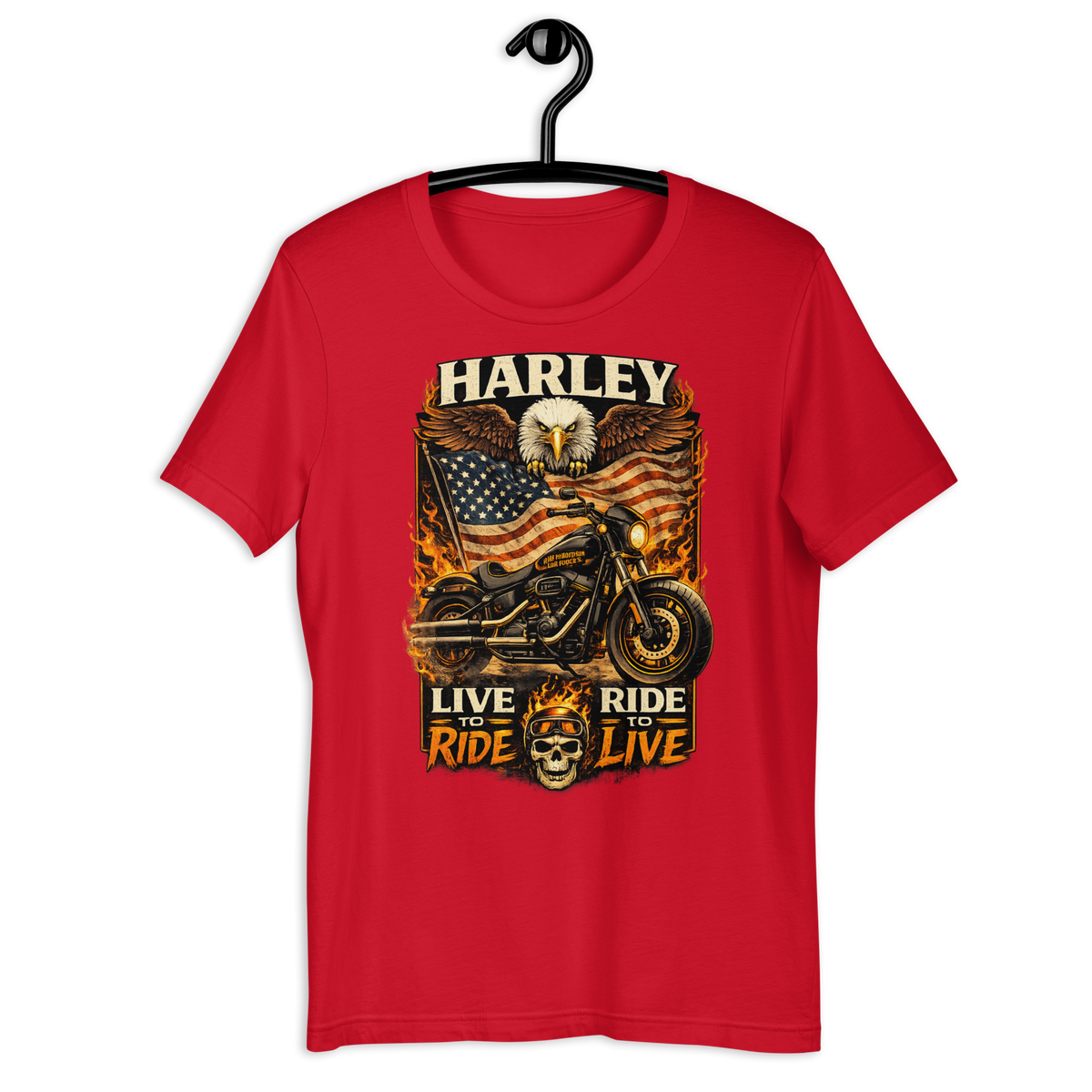 Harley Live Ride Ride Live American Flag Motorcycle Graphic Tee black unisex tee mockup