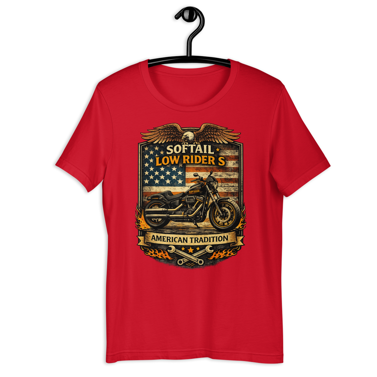 Softail Low Rider S American Tradition Patriotic Motorcycle Graphic Tee red t-shirt mockup