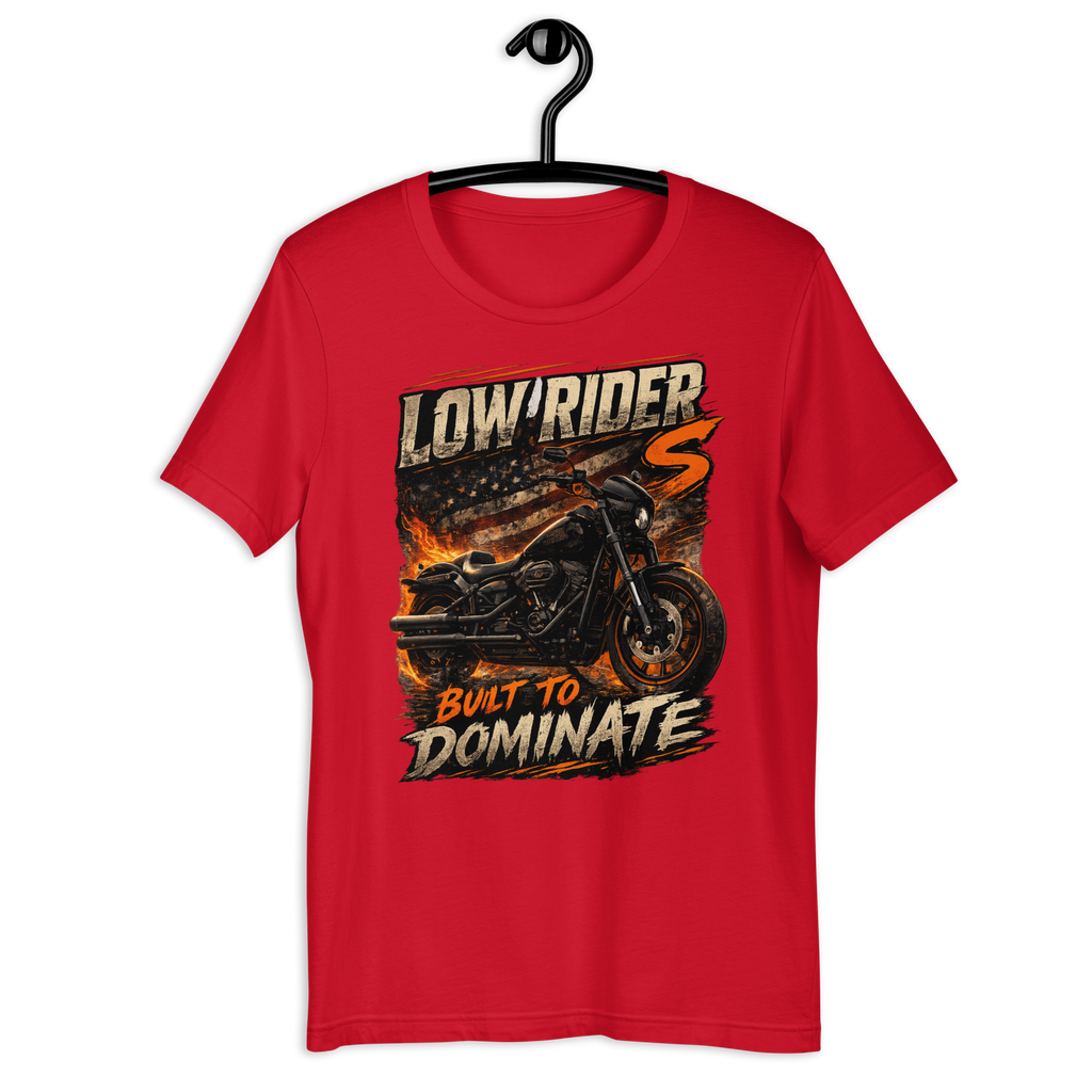 Low Rider S Built To Dominate American Flag Motorcycle Graphic Tee front design detail