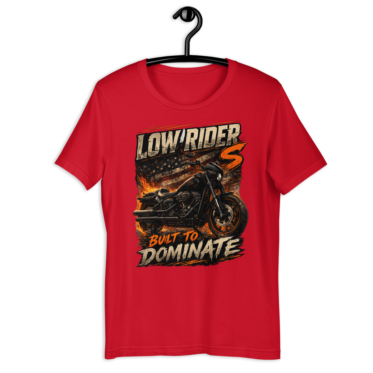 Low Rider S Built To Dominate American Flag Motorcycle Graphic Tee front design detail