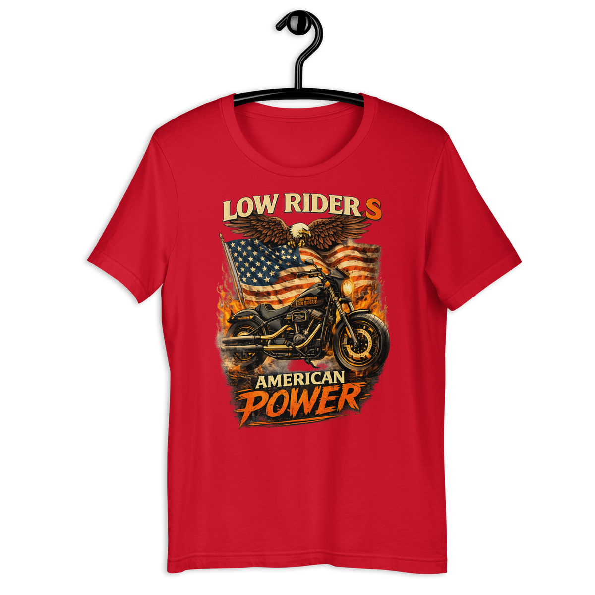 Low Rider S American Power Patriotic Motorcycle Graphic Tee red t-shirt mockup
