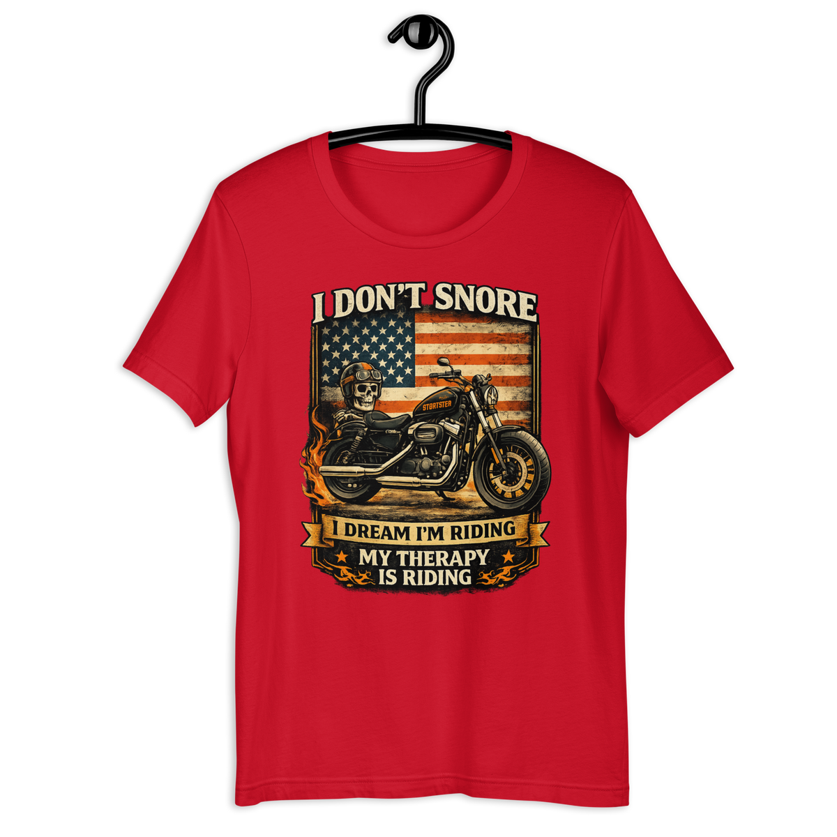 I Don't Snore I Dream I'm Riding Funny Motorcycle Graphic Tee red t-shirt mockup