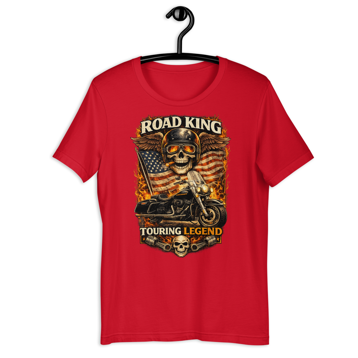 Road King Touring Legend American Flag Motorcycle Graphic Tee red t-shirt mockup