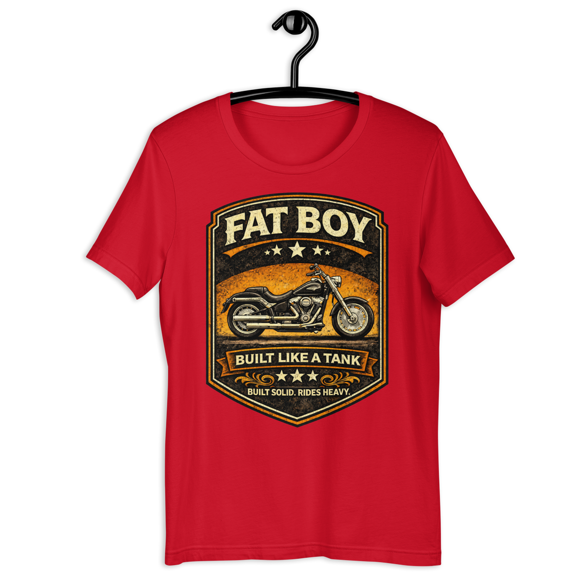 Fat Boy Built Like A Tank Motorcycle Graphic Tee black unisex tee mockup