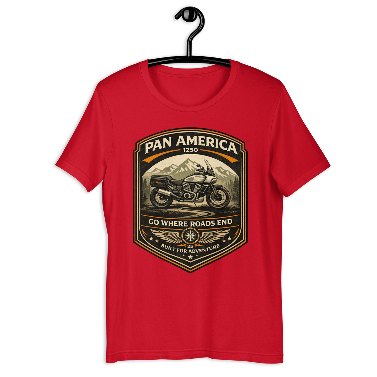 Pan America Go Where Roads End Adventure Motorcycle Graphic Tee red t-shirt mockup