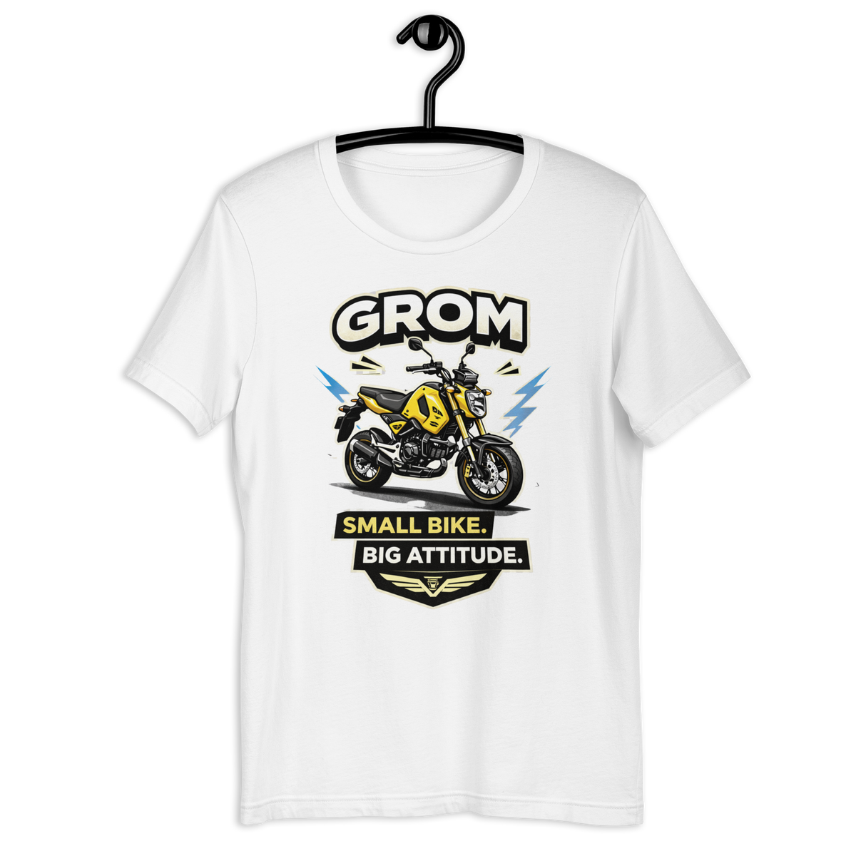 Grom Small Bike Big Attitude Funny Motorcycle Graphic Tee white t-shirt mockup