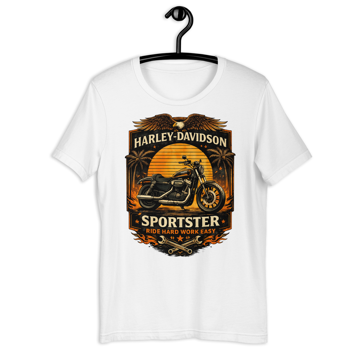 Sportster Ride Hard Work Easy Vintage Motorcycle Graphic Tee white t-shirt mockup