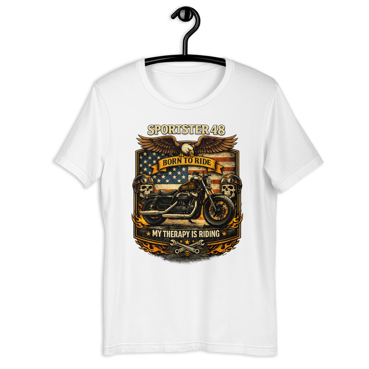 Sportster 48 Born To Ride My Therapy Is Riding Motorcycle Graphic Tee white t-shirt mockup