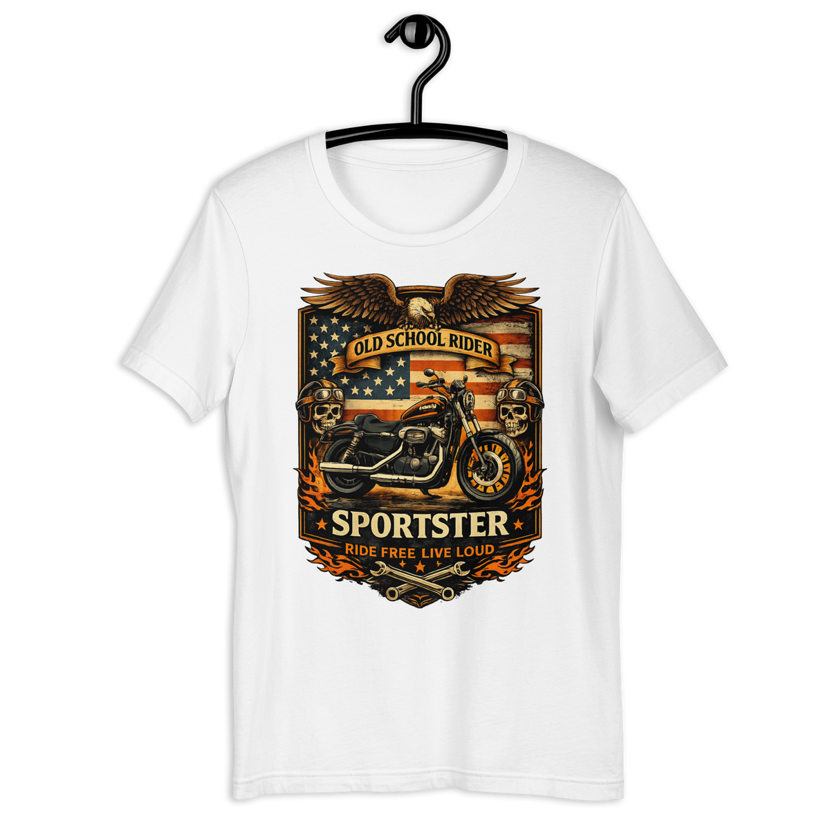 Old School Rider American Flag Motorcycle Graphic Tee white t-shirt mockup