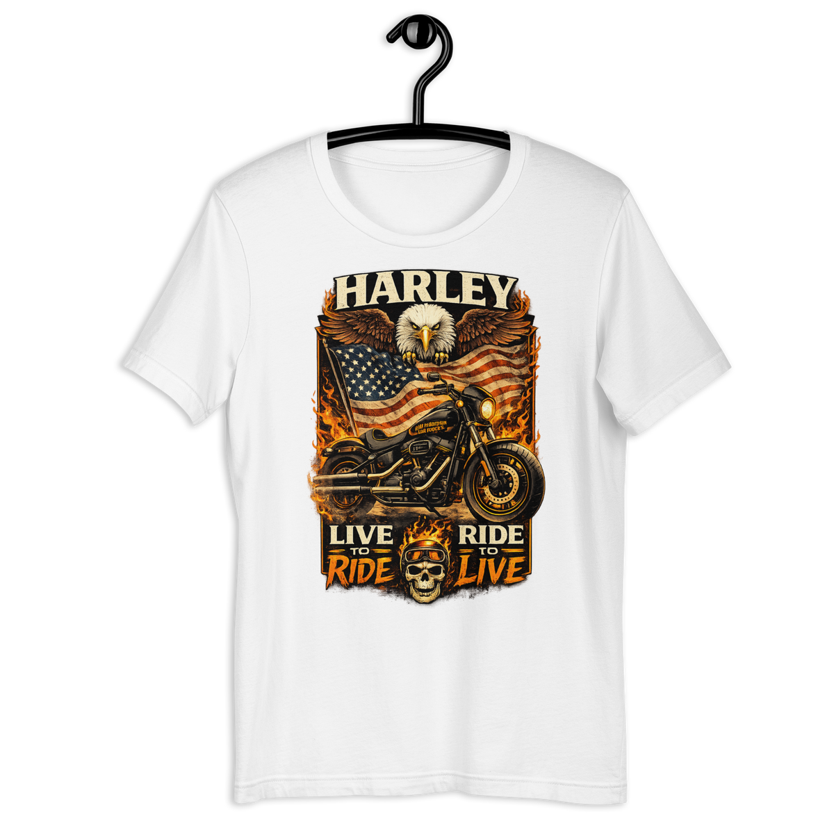 Harley Live Ride Ride Live American Flag Motorcycle Graphic Tee heather columbia blue t-shirt mockup
