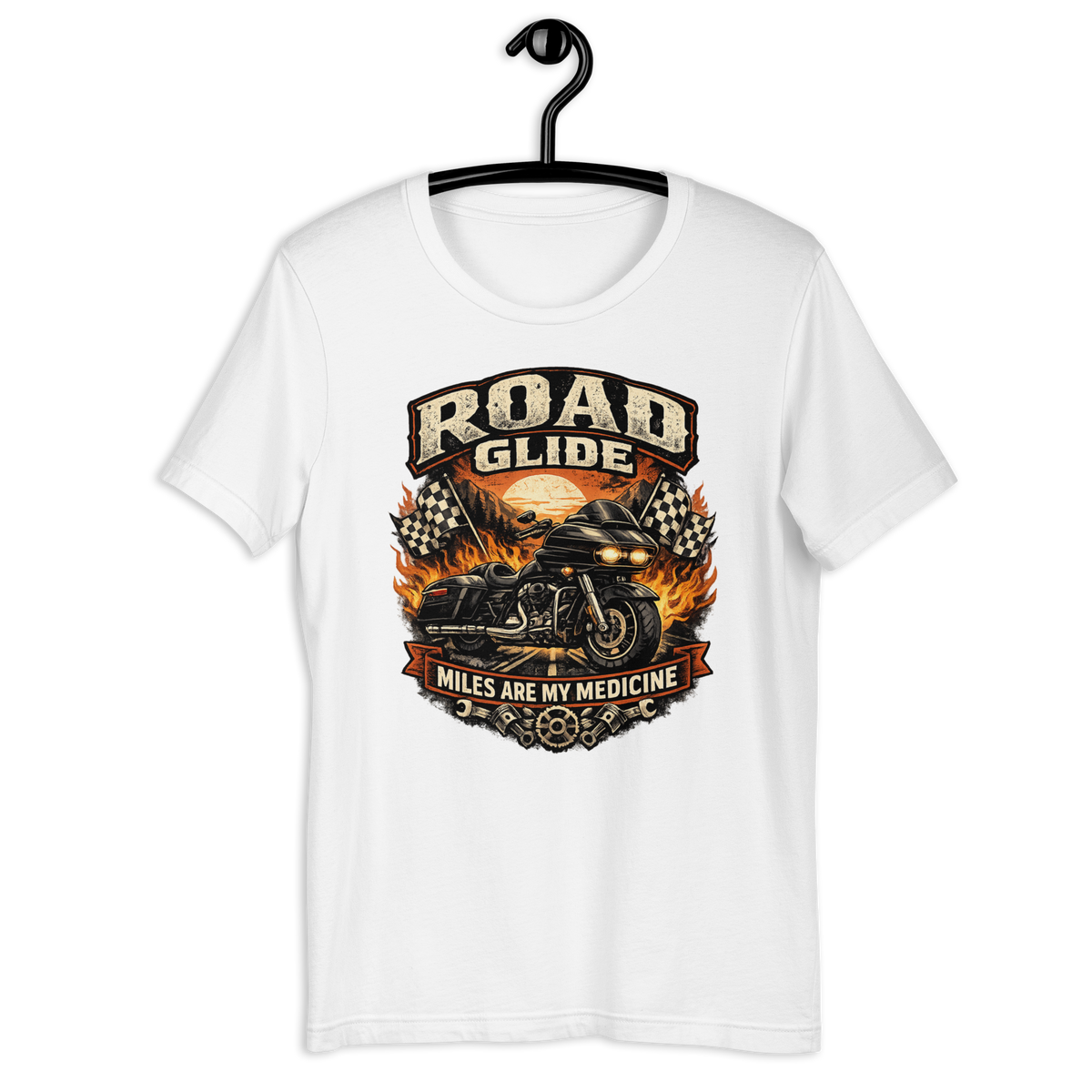 Road Glide Miles Are My Medicine Vintage Motorcycle Graphic Tee white t-shirt mockup