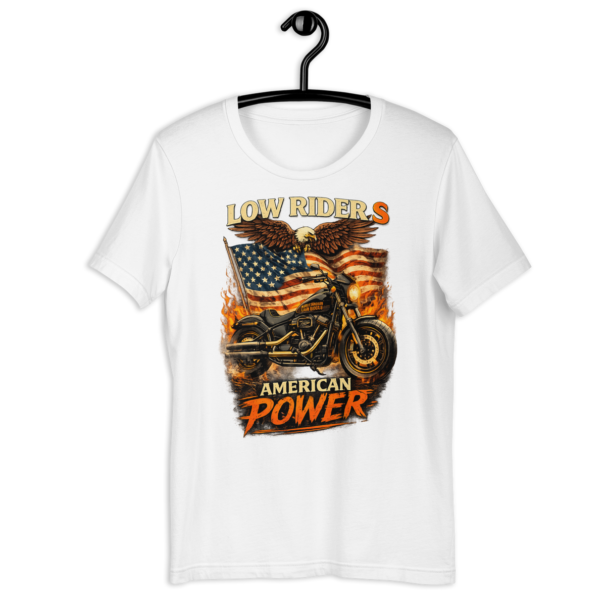 Low Rider S American Power Patriotic Motorcycle Graphic Tee white t-shirt mockup