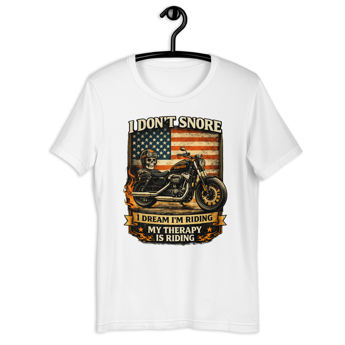 I Don't Snore I Dream I'm Riding Funny Motorcycle Graphic Tee white t-shirt mockup