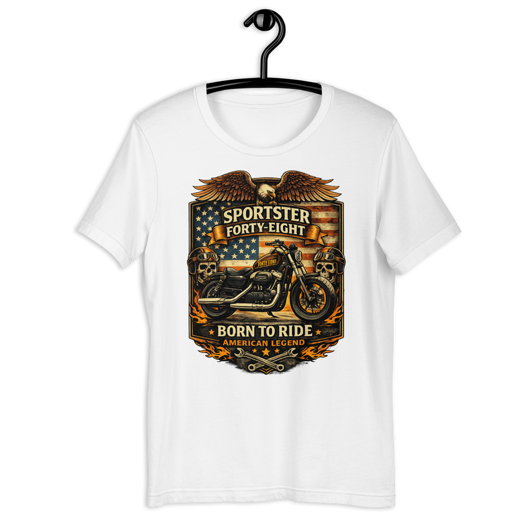 Sportster Forty-Eight Born To Ride American Legend Motorcycle Graphic Tee heather columbia blue t-shirt mockup