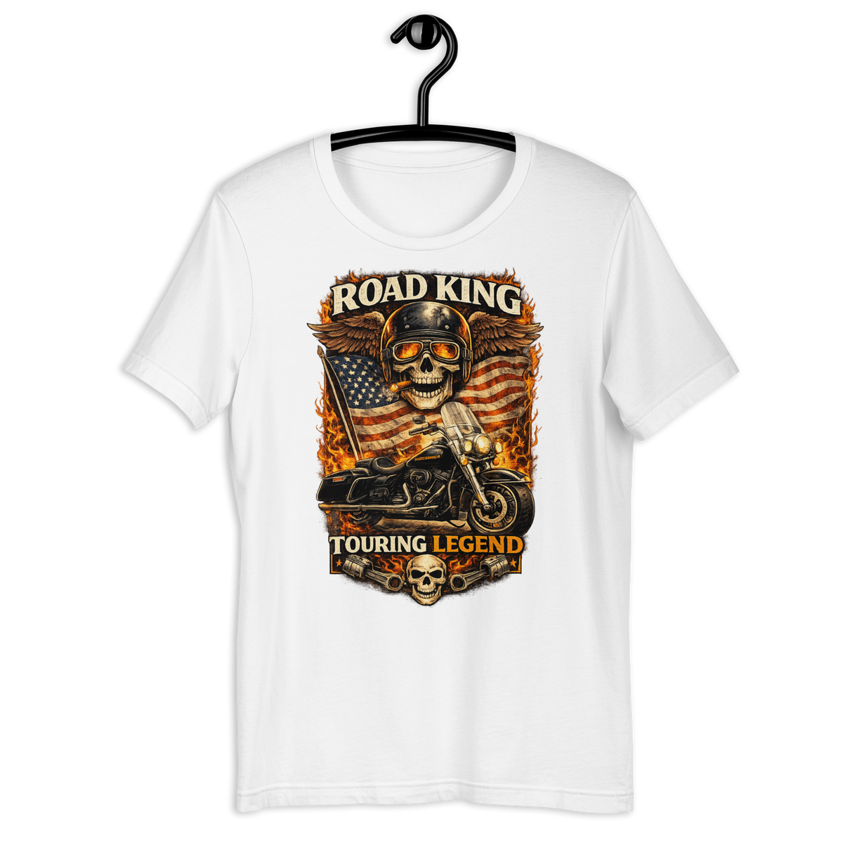 Road King Touring Legend American Flag Motorcycle Graphic Tee white t-shirt mockup