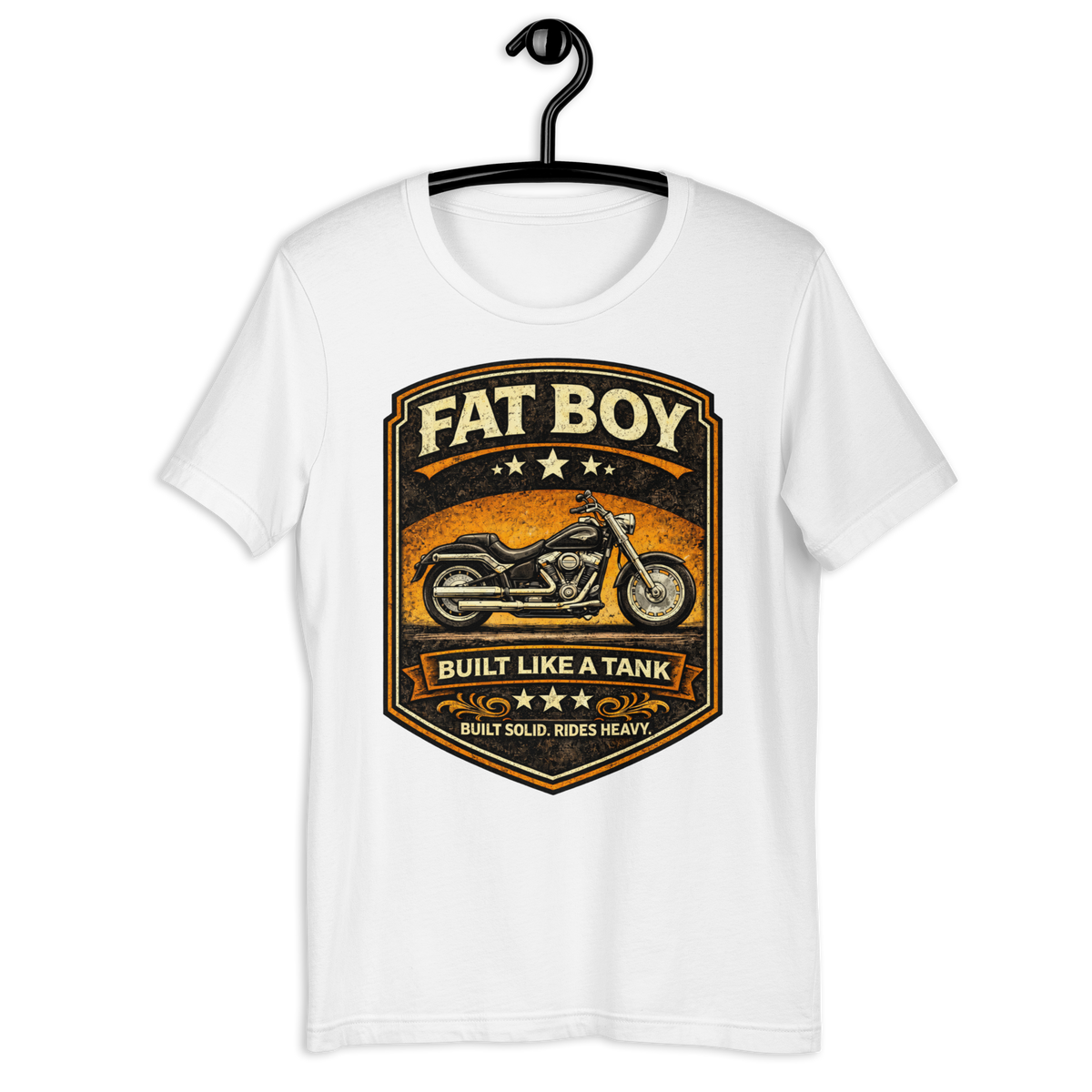 Fat Boy Built Like A Tank Motorcycle Graphic Tee heather columbia blue t-shirt mockup