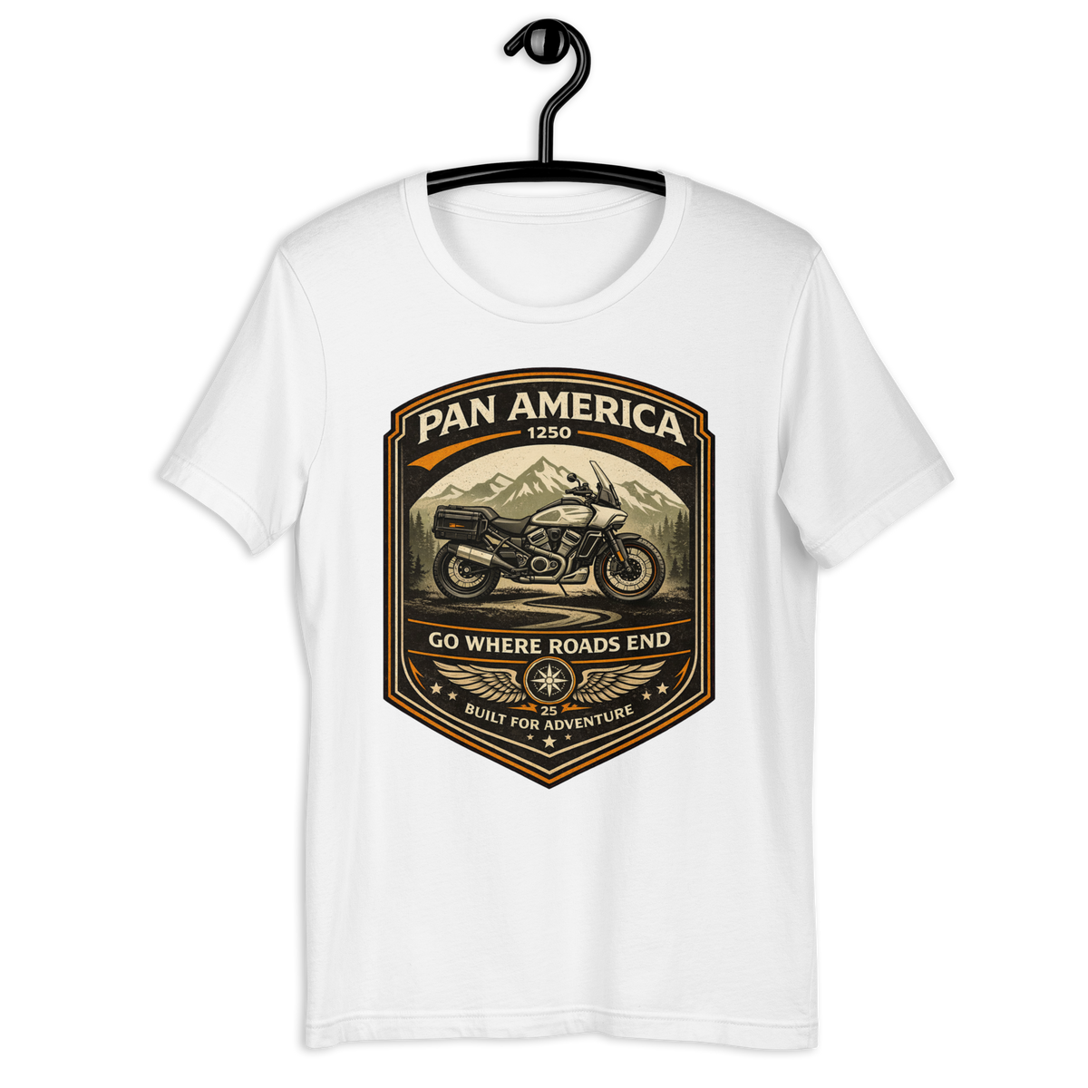 Pan America Go Where Roads End Adventure Motorcycle Graphic Tee white t-shirt mockup