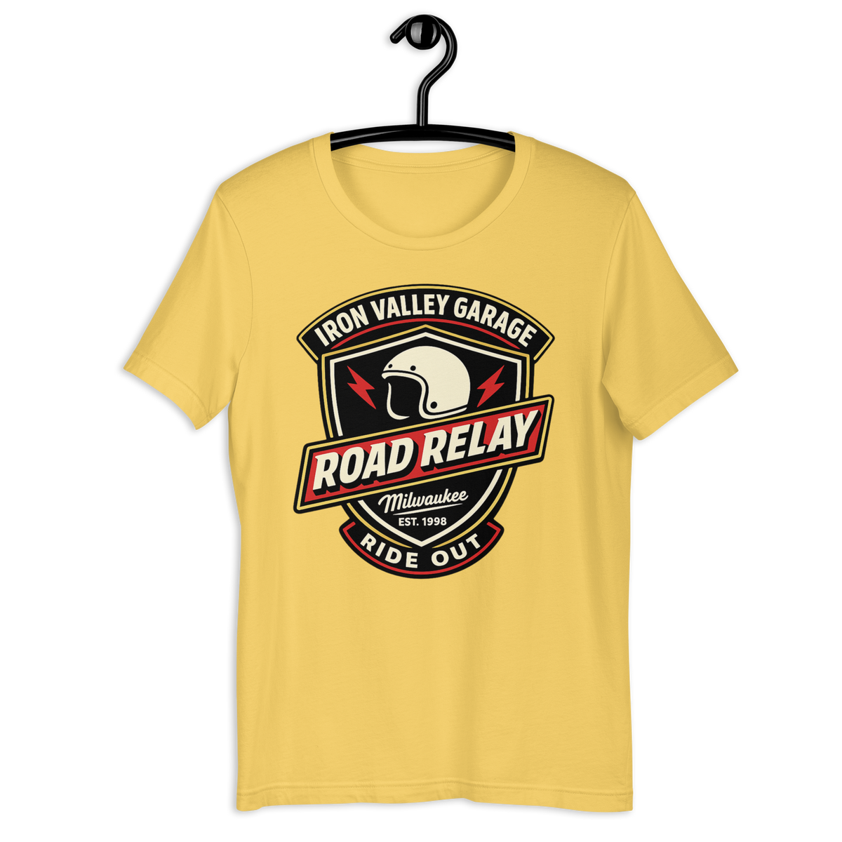 Iron Valley Garage Road Relay Vintage Motorcycle Graphic Tee yellow t-shirt mockup