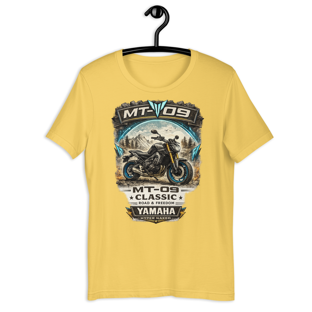 MT-09 Classic Yamaha Vintage Motorcycle Graphic Tee yellow t-shirt mockup