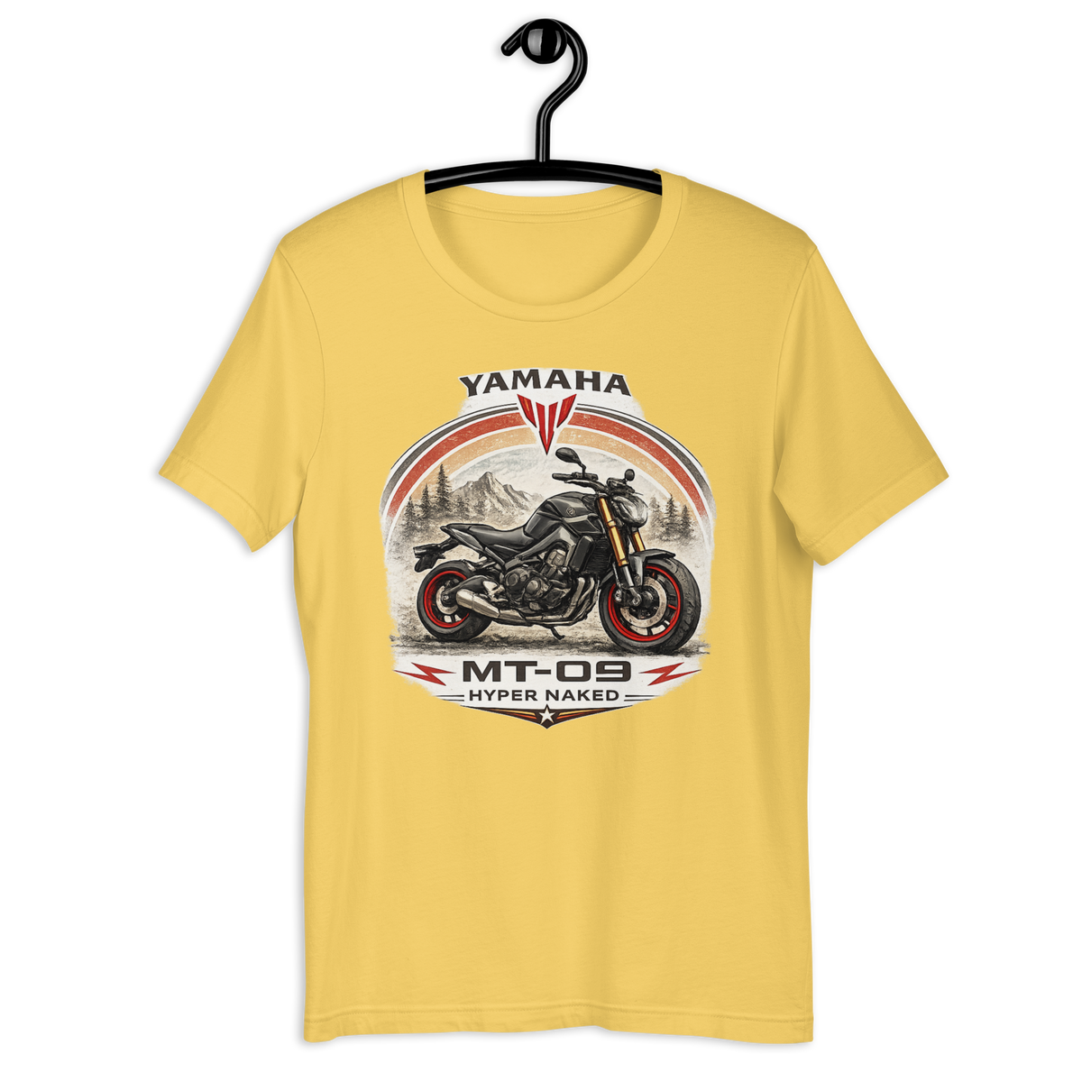 Yamaha MT-09 Hyper Naked Retro Motorcycle Graphic Tee yellow t-shirt mockup