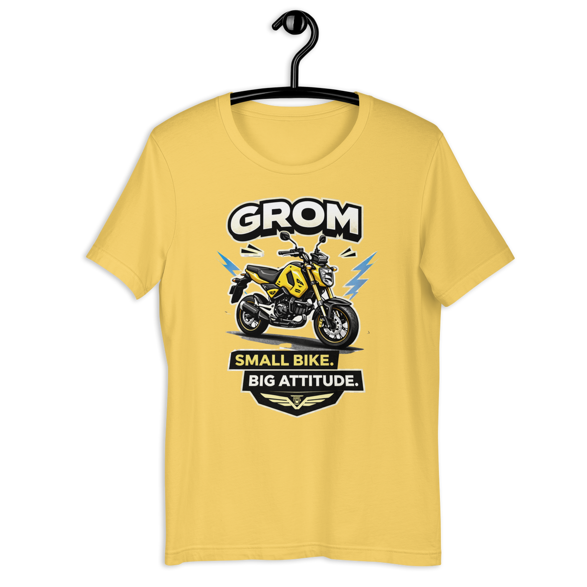 Grom Small Bike Big Attitude Funny Motorcycle Graphic Tee yellow t-shirt mockup
