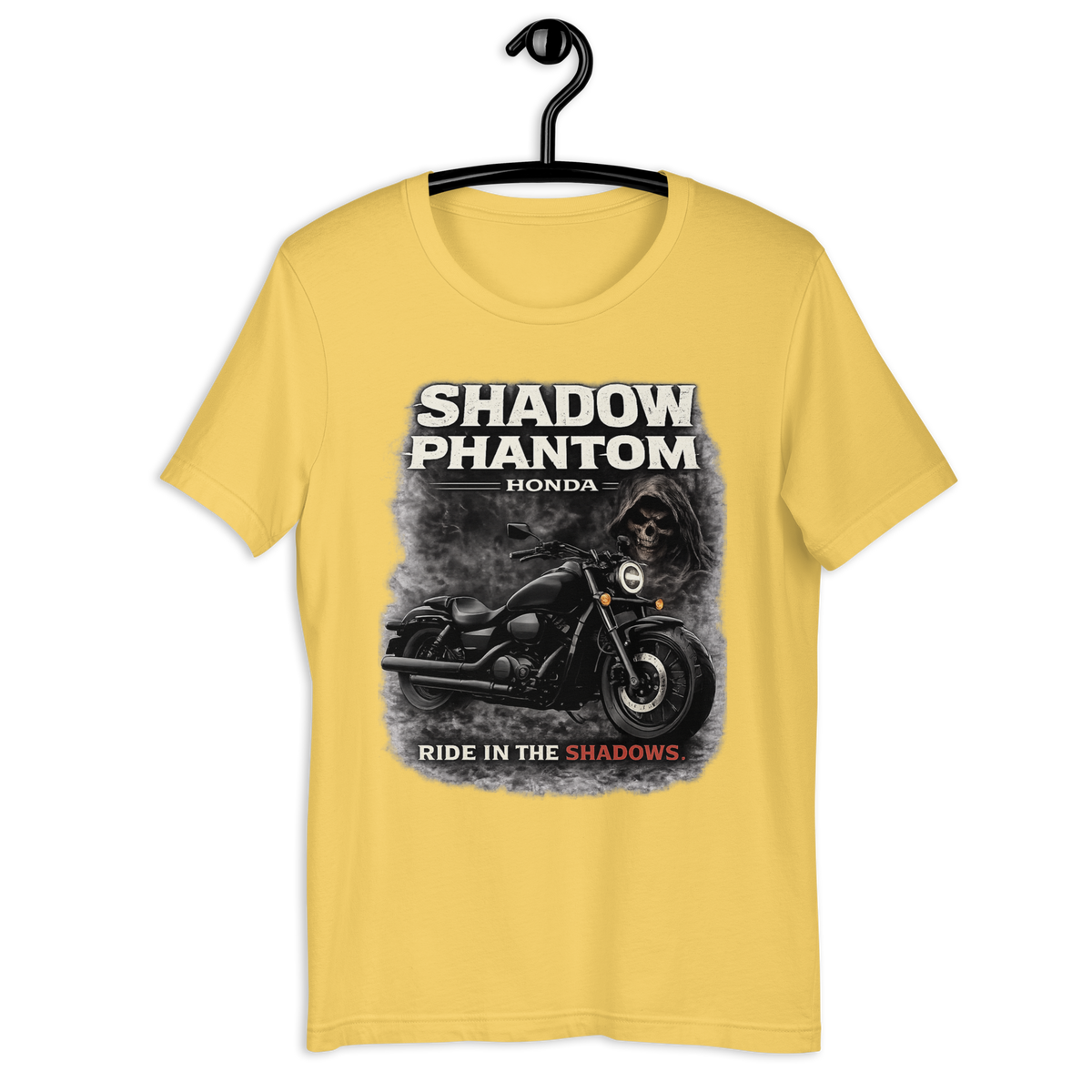 Shadow Phantom Ride In The Shadows Honda Motorcycle Graphic Tee yellow t-shirt mockup