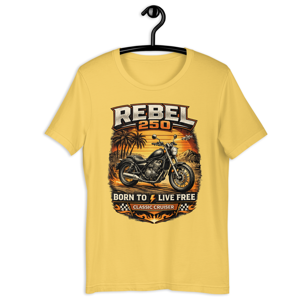 Rebel 250 Ride Fast Live Free Vintage Motorcycle Graphic Tee orange t-shirt mockup